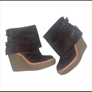 Ash Brown Suede Leather Wedge Boots